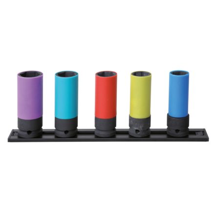 5 darabos GÉPI DUGÓKULCS KÉSZLET KERÉKANYÁKHOZ SZÍNES POLIMER BETÉTEKKEL, 1/2" MÁGNESES TARTÓSÍNEN BETA 720LC/PM5